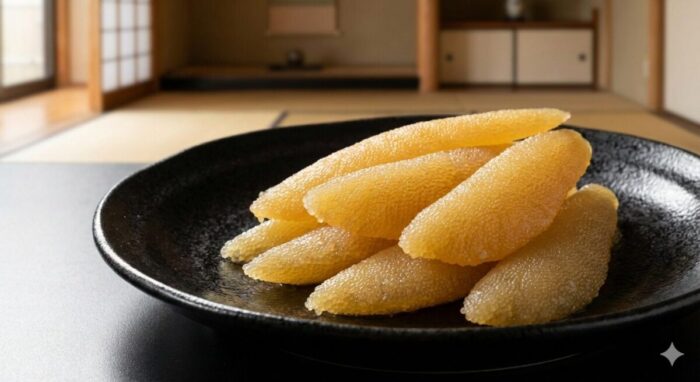 黒い和皿に盛られた黄金色の数の子のクローズアップ。一粒一粒が輝く高級感のある和室の風景。