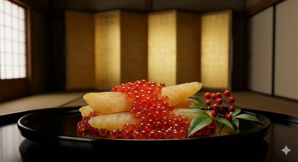 漆器に盛られたイクラと数の子の超マクロ撮影画像。金屏風を背景にした高級感と透明感のある魚卵。