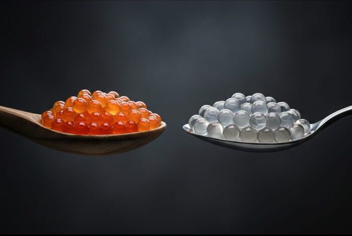 いくらの本物と偽物(人工イクラ)の見分け方比較画像。粒の輝きや目玉の有無の違い。