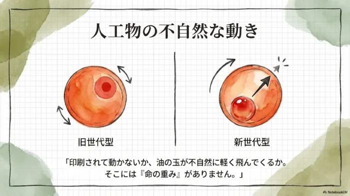 いくらの胚（目玉）の位置と動きの解説図。本物は油滴が回転して上を向くが、人工イクラは固定されているか不自然に浮く。