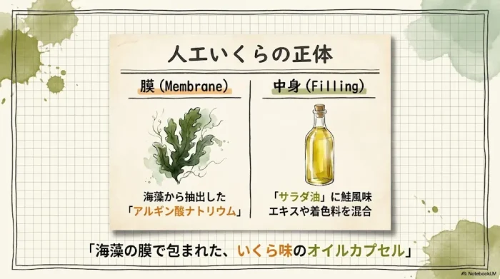 人工イクラの製造原理。アルギン酸ナトリウムと塩化カルシウムの化学反応によるカプセル化技術の図解。