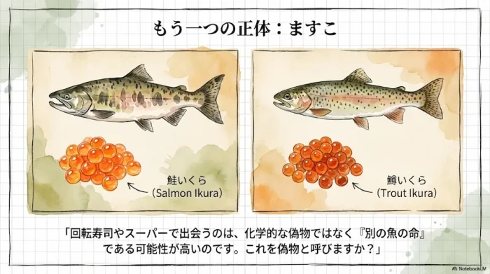 回転寿司で使われる鱒子（ますこ）と本物の鮭いくらの大きさ比較。鱒子は粒が小さく色が濃い特徴がある。