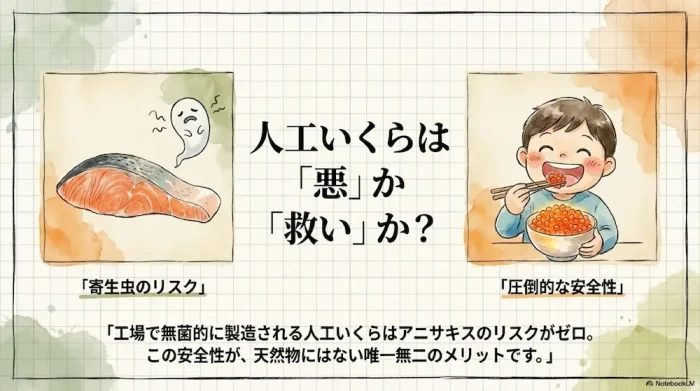 いくらのアニサキス対策と人工イクラの安全性。無菌室で製造されるため寄生虫リスクがないメリットの解説。