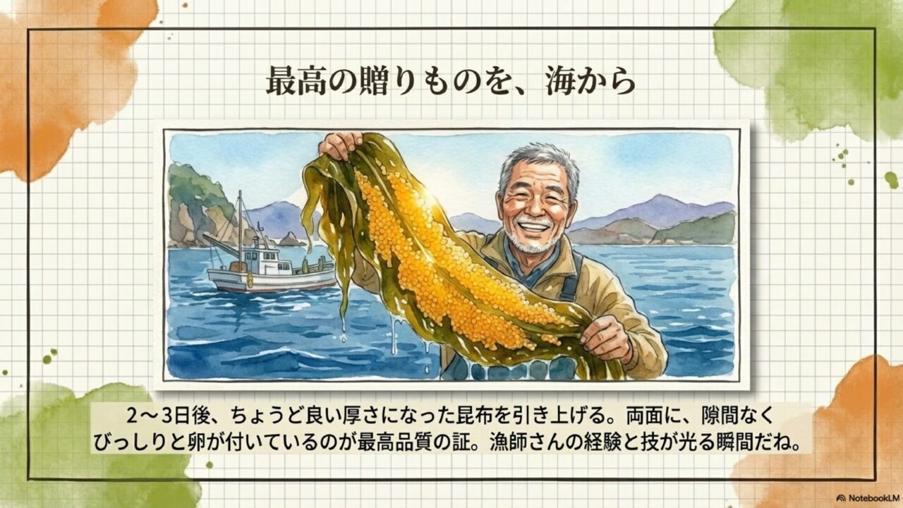 びっしりと卵がついた子持ち昆布を海から引き揚げる収穫の様子