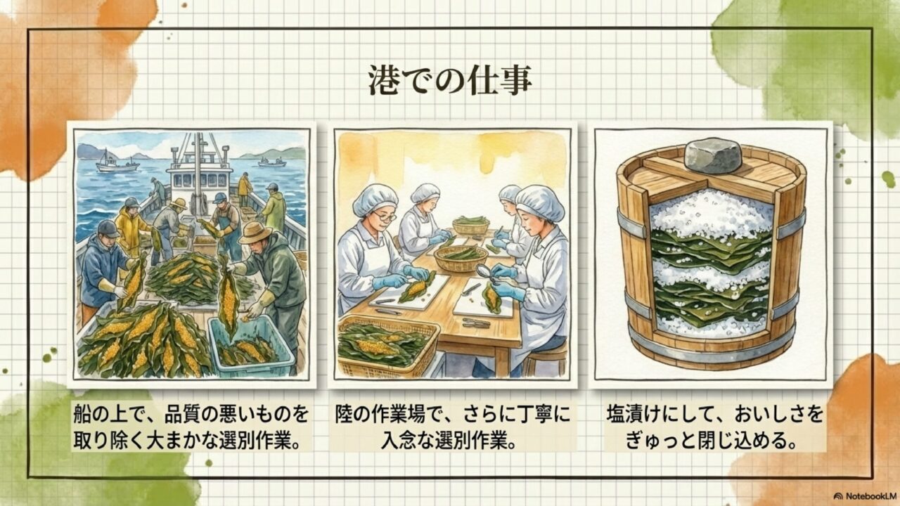収穫された子持ち昆布を港で選別・塩漬け加工する工程