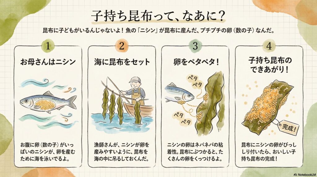 子持ち昆布のひみつを解説するイラスト。ニシンと昆布が海で出会う様子が描かれた「海の不思議な贈りもの」の表紙。